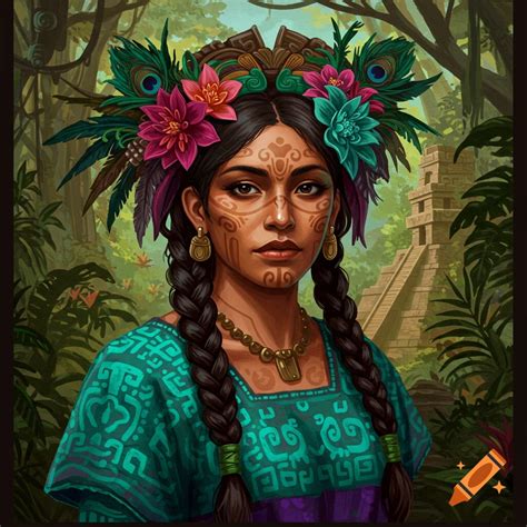 A Mayan woman with face paint and feathered headdress in a jungle with ...