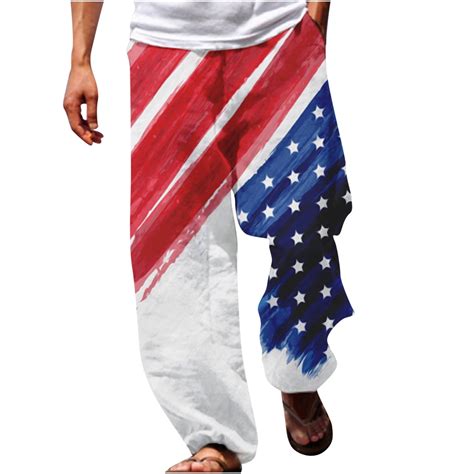 Fanxing Mens Cotton Linen Pants American Flag Printed Casual Elastic ...