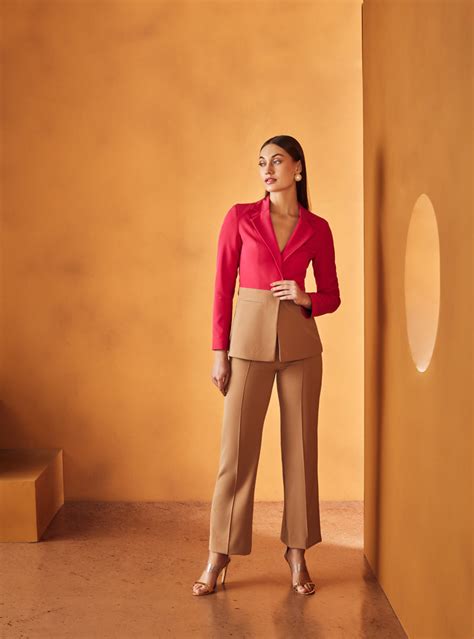 Hot pink colour blocked blazer set with straight pants – Deepika Nagpal
