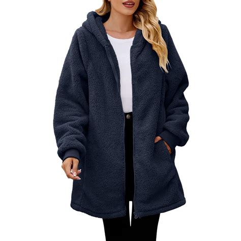 ShomPort Winter Fleece Long Jacket for Women Long Sleeve Zip up Fuzzy ...