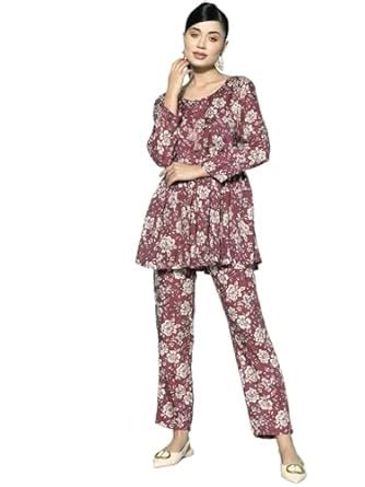 Buy Varanga Women Purple Floral Printed Kurta Paired Ith Printed Bottom ...