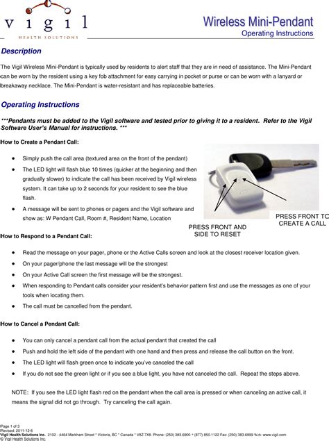 Vigil Health Solutions ZPTX Mini Pendant Transmitter (ZPTX) User Manual ...