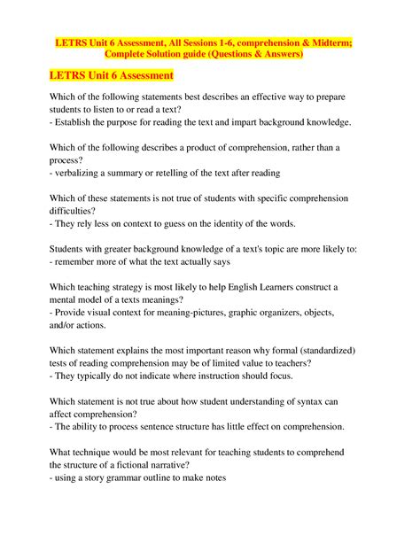 LETRS Unit 6 Assessment, All Sessions 1-6, comprehension & Midterm ...