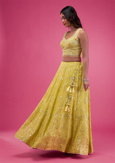 Buy Parrot Green Threadwork Georgette Readymade Lehenga - Koskii