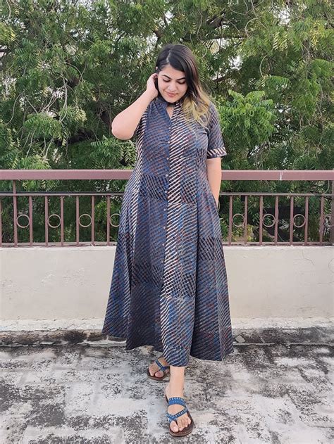 Indigo White Stripes Ajrakh A Line Maxi Shirt Dress – Kasaa Hues