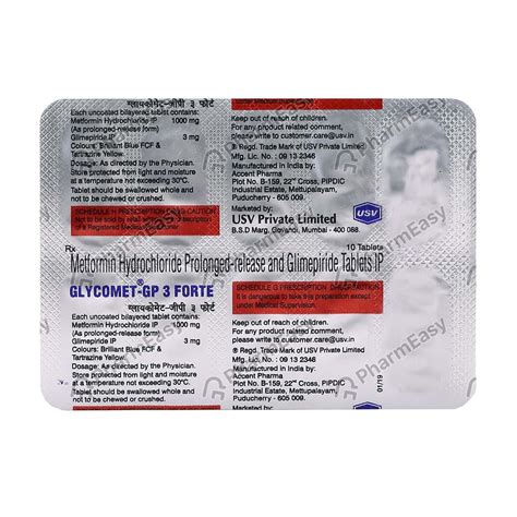 Glycomet Gp 3/1000mg Forte Strip Of 10 Tablets: Uses, Side Effects ...