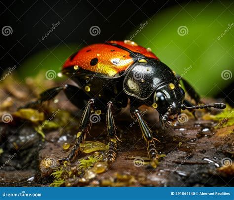 A Red and Black Beetle Sitting on Top of a Moss Covered Log Stock ...