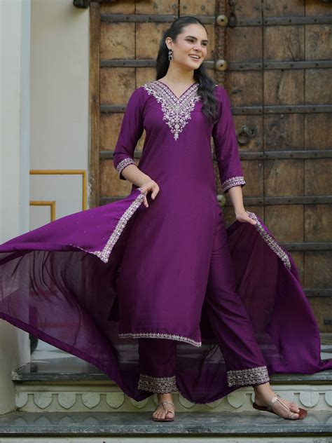 Buy Wine Yoke Design Silk Blend Straight Suit With Dupatta Online at ...