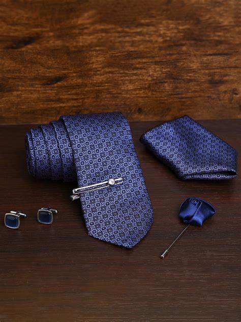 New York Blue Luxury Italian Silk Necktie Set Pocket Square Chrome Tie