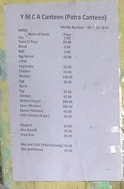 Menu at YMCA Canteen, Kolkata