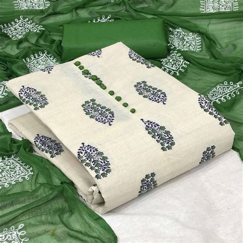 OffWhite - Green Floral Printed Khadi Dress Material