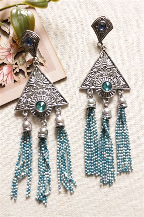 Triangular Premium Brass Earrings with Dangling Chain Strings – A Local ...
