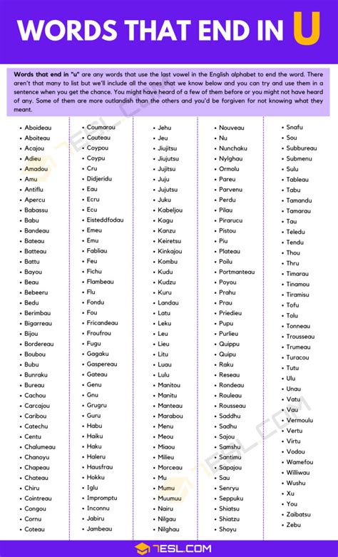 Words That End in U (200+ English Words) • 7ESL