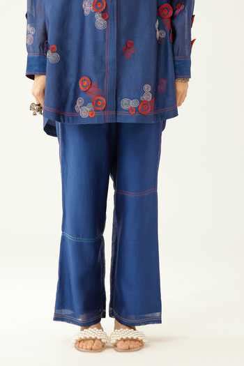 Buy Blue Silk, Cotton Embroidery Collared 3d Shirt And Pant Set For ...