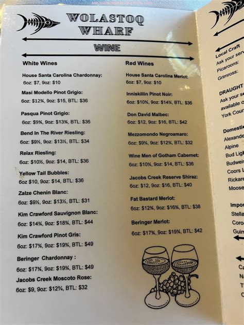 Menu at Wolastoq Wharf restaurant, Fredericton