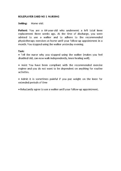 Roleplayer CARD NO 1 Nursing - ROLEPLAYER CARD NO 1 NURSING Setting ...