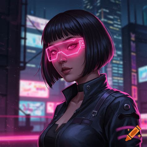Neon pink Asian female character with eye visor and bob haircut in ...