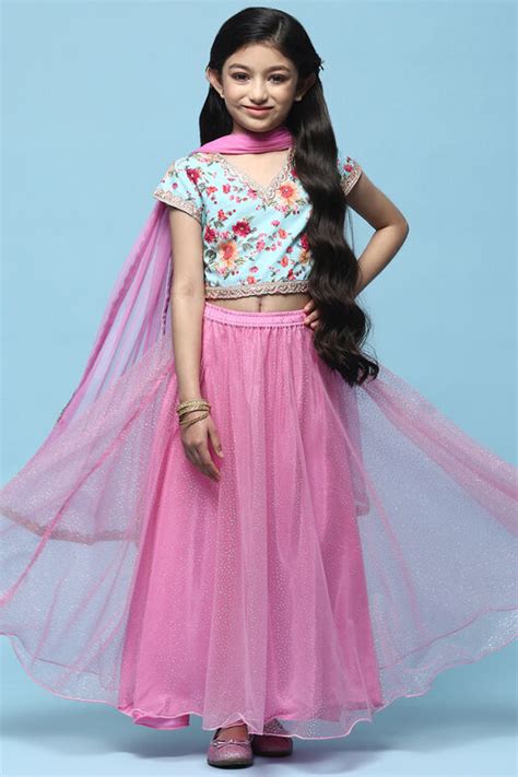 Blue Cotton Printed Blouse With Net Lehenga & Net Dupatta at Biba India