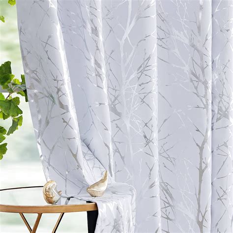 Buy Fmfunctex Tree Branch White-Silver Darkening Curtains 50W x 84L ...