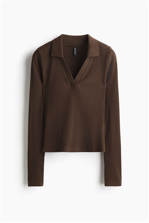 Ribbed collared top - Dark brown - Ladies | H&M IN