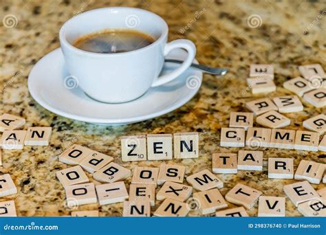 Zen Scrabble Word Granite Counter Top White Cup Stock Photo - Image of ...