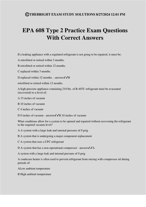 EPA 608 Type 2 Practice Exam Questions With Correct Answers - EPA 608 ...