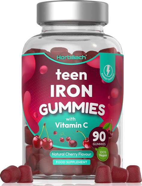 Iron Gummies for Teens | 90 Count | with Vitamin C | Cherry Flavour | Vegetarian and Vegan ...