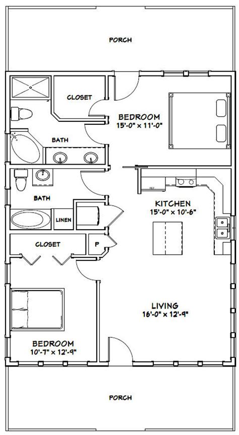 28x36 House 2-bedroom 2-bath 1,008 Sq Ft PDF Floor Plan Instant ...