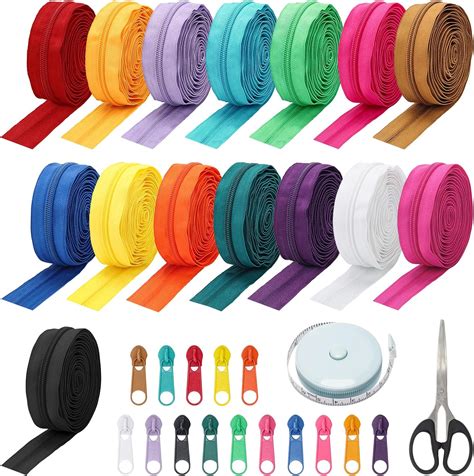 45 Yards 15 Colors #5 Nylon Coil Zippers with 90Pcs Pull Heads, Scissor, Ruler, Assorted Lengths ...
