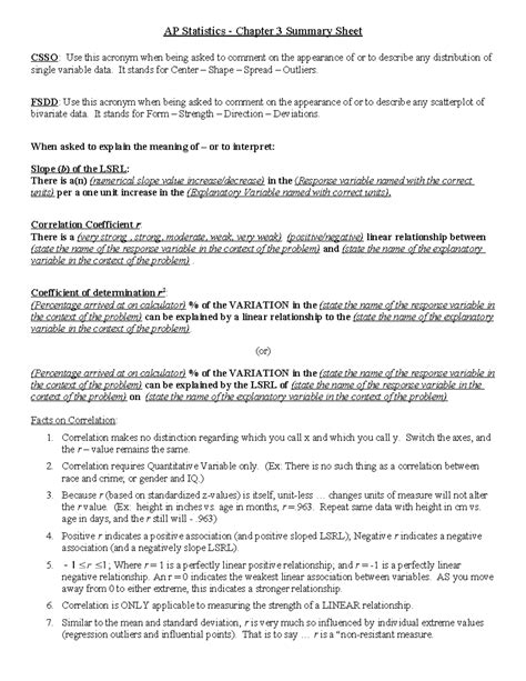 Chapter 3 review sheet - AP Statistics - Chapter 3 Summary Sheet CSSO ...