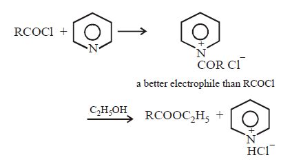 Esterification of acid chloride with ethanol is usually carried out in ...