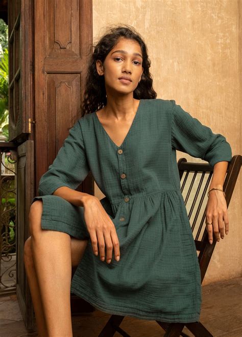 Buy No Nasties Forest Drop Waist Green Organic Cotton Mini Dress For ...