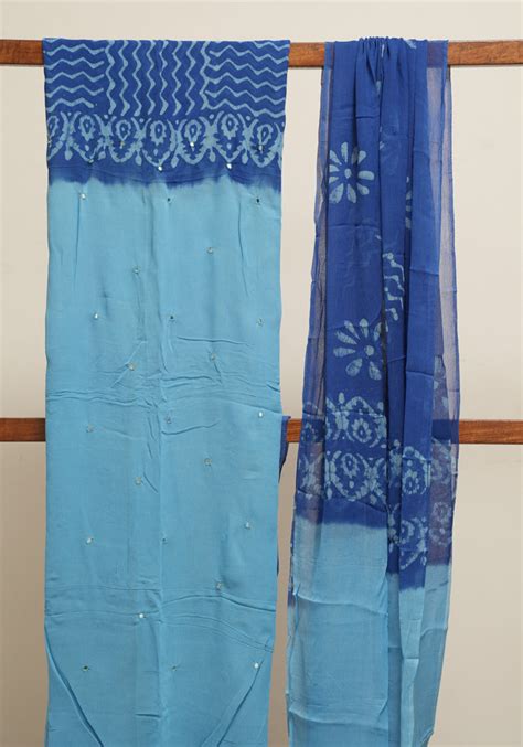 Sky Blue and Blue Unstitched Georgette Salwar Set with Batik Print ...