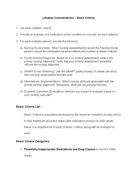 #9 - Beers Criteria - Homework Sheet - Lifespan Considerations – Beers ...