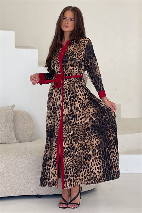 Angela Leopard Print Red Shirt Maxi Dress