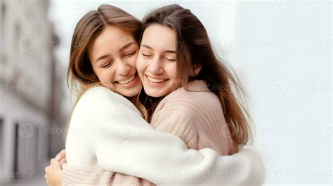 AI generated Happy meeting of two female friends hugging for National ...