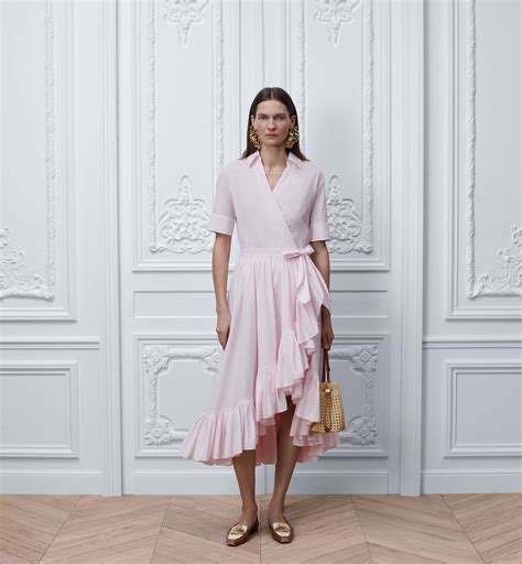 Dioriviera Mid-Length Ruffled Dress White and Pink D-Stripes Cotton ...