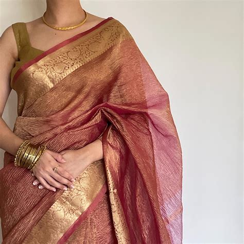Ruhmani - Pink Crush Tissue Saree with Banarasi Border & Golden Zari ...