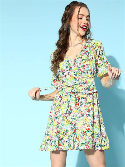 Berrylush Women White & Red Floral Printed V-Neck Waist Tie-Up Flounce