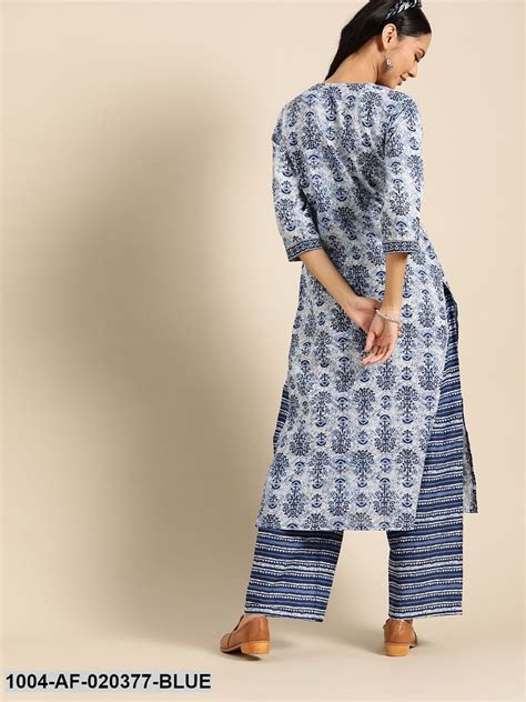 Blue & White Pure Cotton Ethnic Motif Kurta with Palazzos – Trendphoria