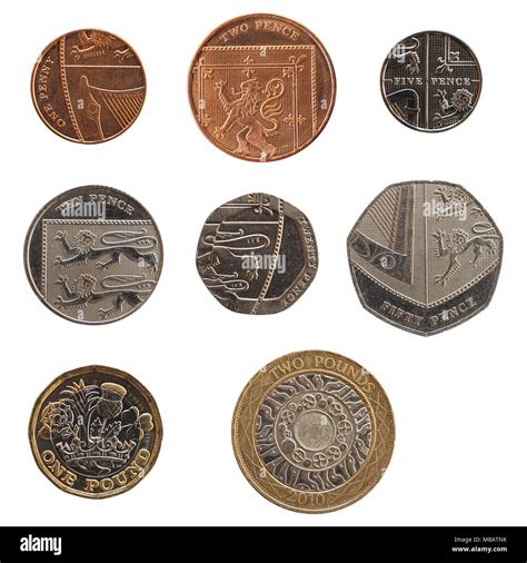 Full range of British coins money (GBP), currency of United Kingdom, from 1 Penny to 2 Pounds ...