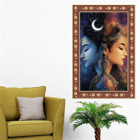 Modern Art Shiva Parvati Floral Border Vertical Wall Painting – Decors ...