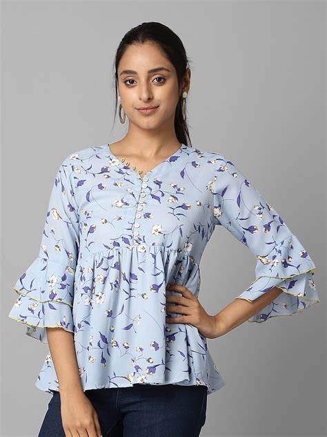 Sky Blue Floral Printed Gathered Top – Azira-Ind