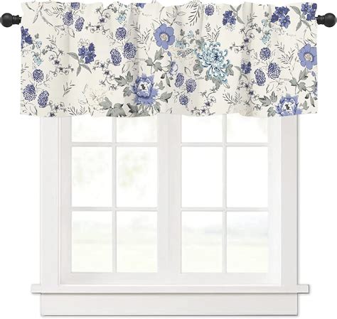 Spring Blue Floral French Country Valance | 54" x 18" Rod Pocket Kitchen Curtains | Short Panels ...