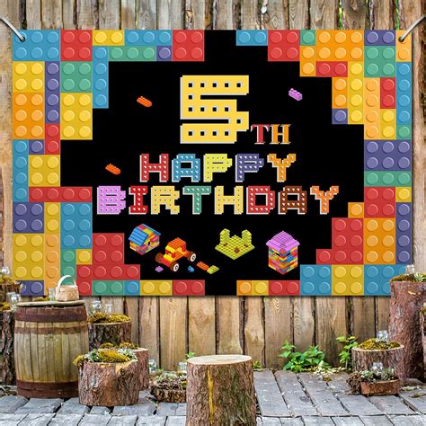 Buy Happy 5th Birthday Banner Backdrop Colorful Building Blocks Theme ...