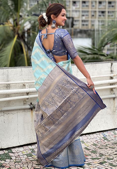 Blue Kanjivaram Soft Tissue Silk Leheriya Traditional Zari Woven Saree ...