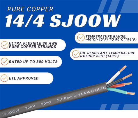 14/4 SJOOW Cable Cord Wire - 14 Gauge 14 AWG 4 Conductor 300V Portable ...