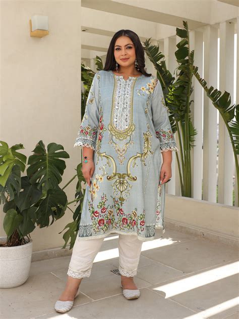 Grey Floral Printed Rayon Kurta with Beadwork – Plus Size | Juniper Fashion