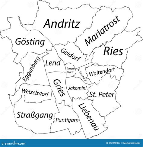 White Tagged Districts Map of GRAZ, AUSTRIA Stock Vector - Illustration of icon, direction ...