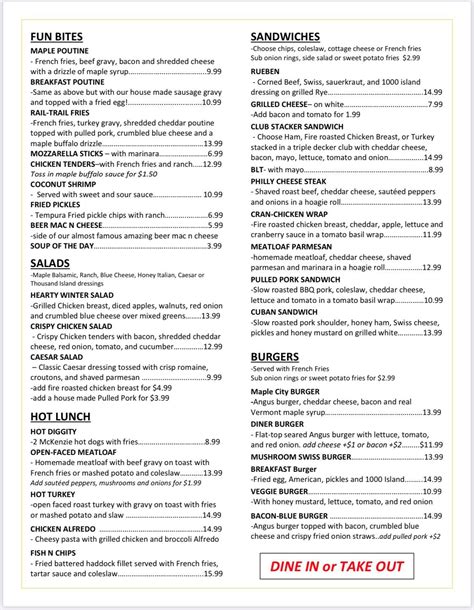 Menu at Maple City Diner restaurant, Saint Albans City